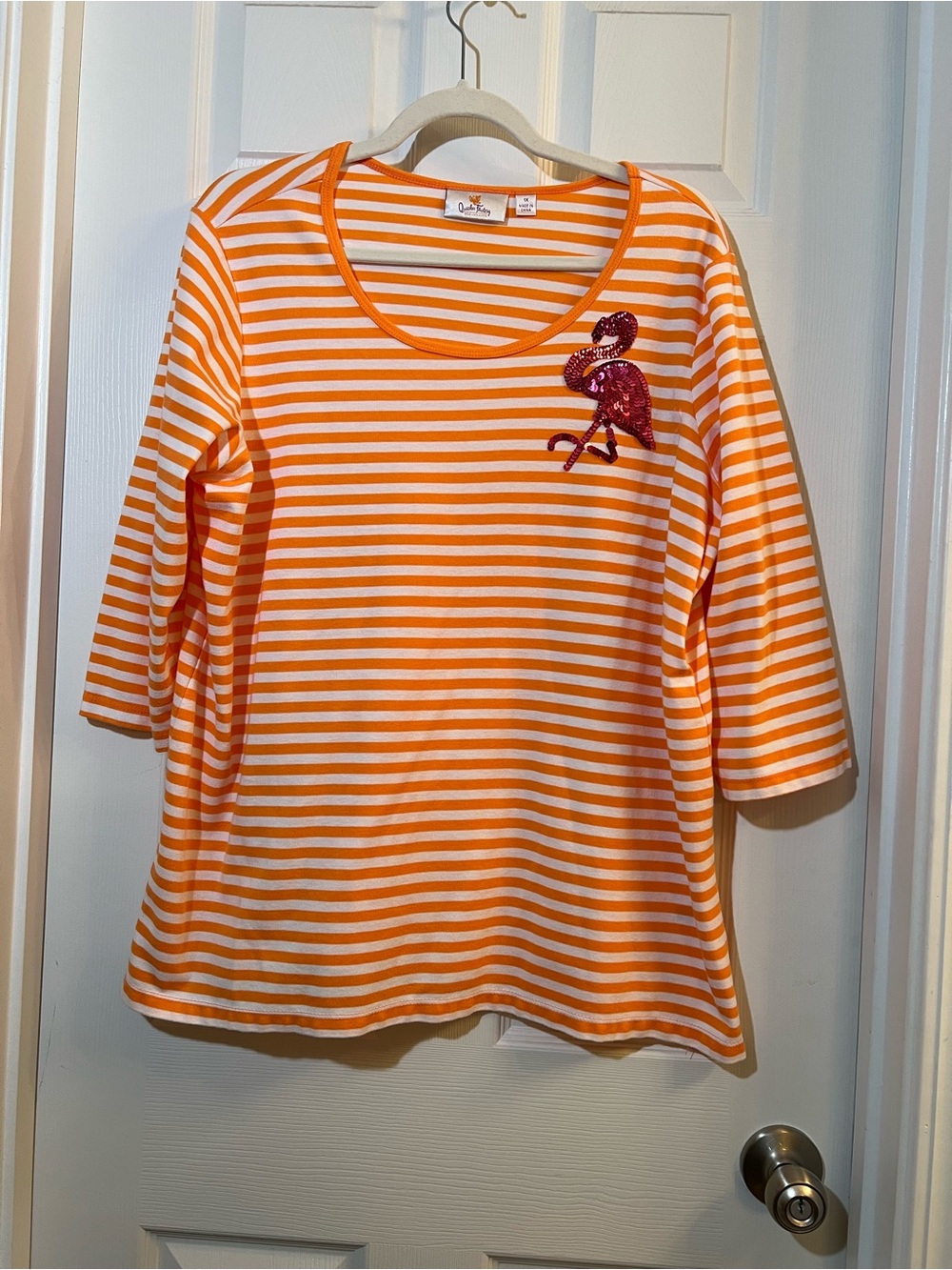 🦋 Quacker Factory Orange & White Striped 3/4 Sleeve Top with  Flamingo Patch 1x
